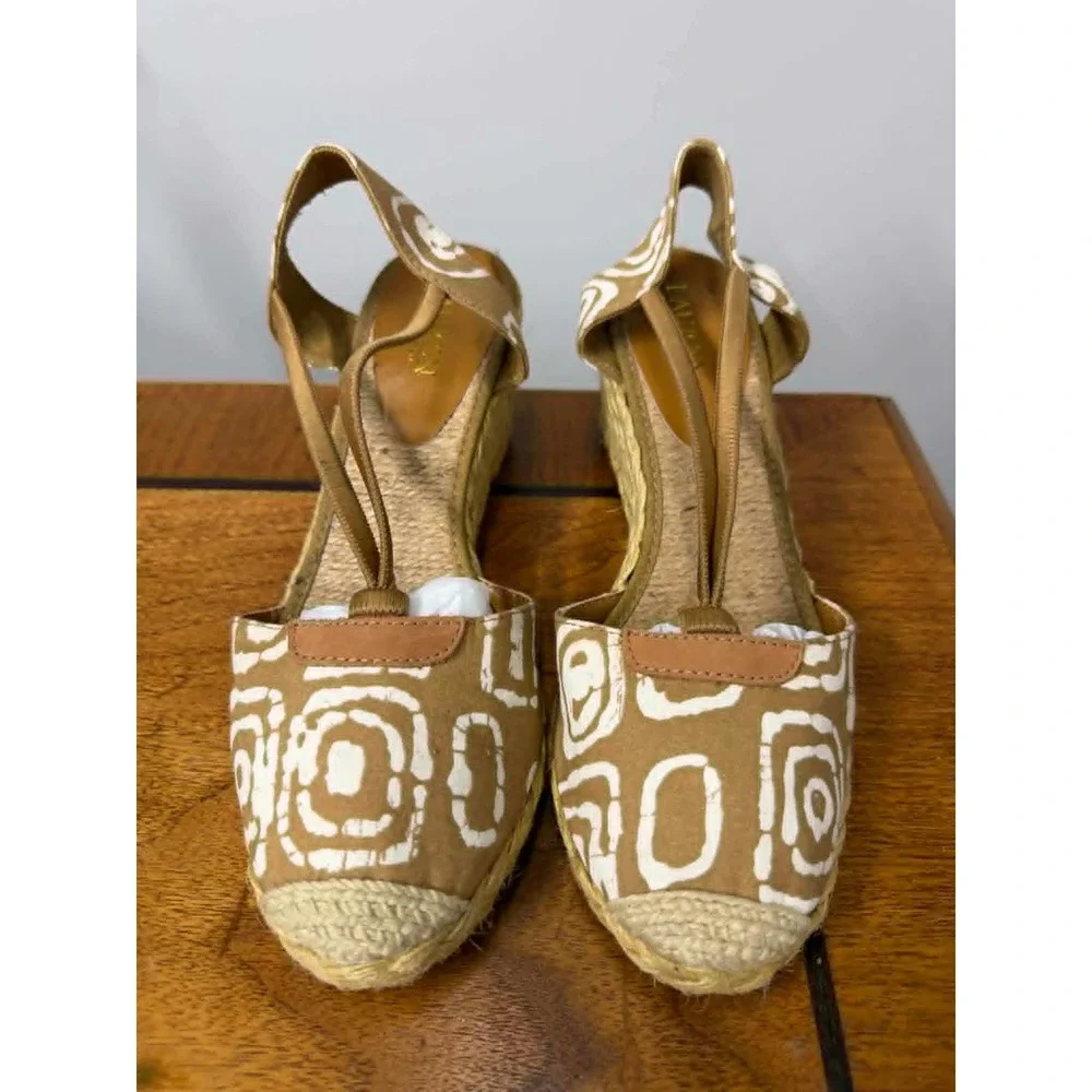 vtg‎ Lauren Ralph Lauren 9 B Cala Espadrille Wedge Sandals Tan White CALA-ES-CSL